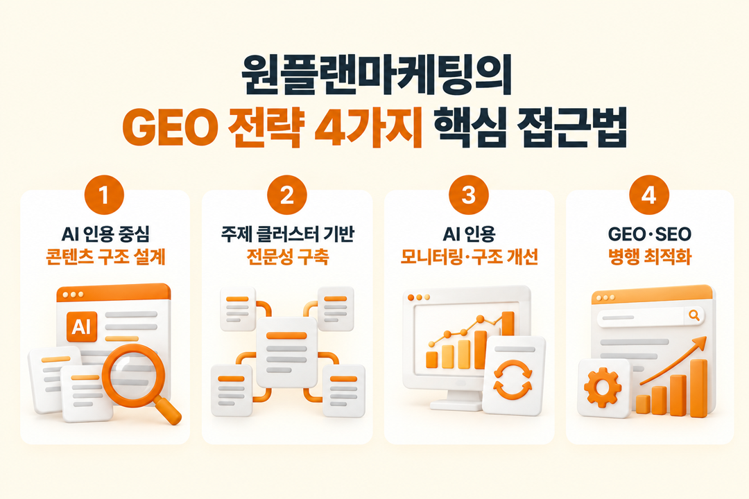 GEO 대행사 원플랜마케팅 4가지 핵심 접근법 AI 검색 인용 전략 설계
