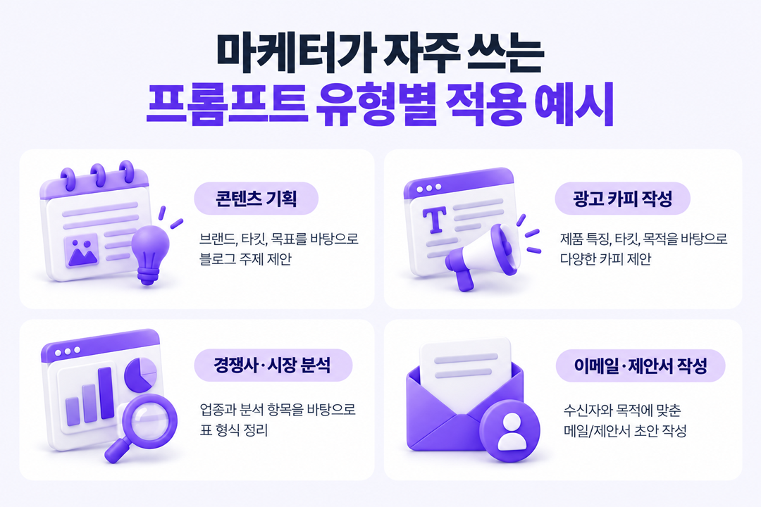 마케터 프롬프트 유형별 적용 예시 콘텐츠 카피 분석 AI 활용 원플랜마케팅