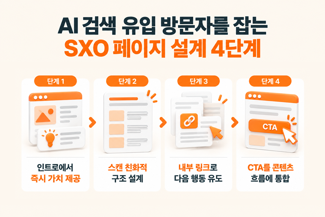 AI 검색에서 유입된 방문자가 페이지에서 전환하도록 설계하는 SXO 네 단계 체크리스트를 시각화한 인포그래픽